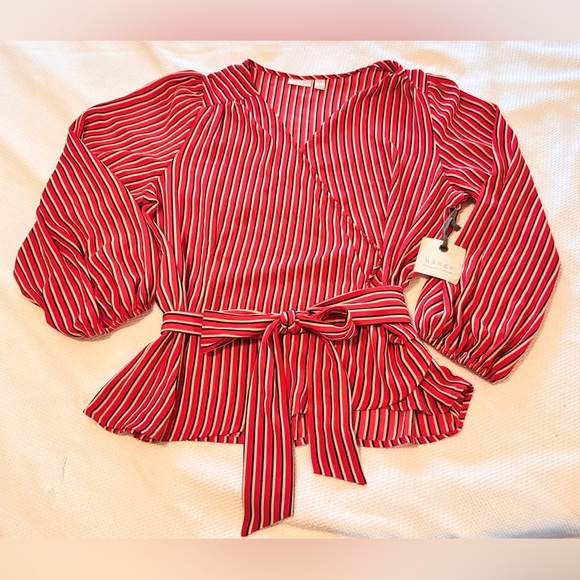 HINGE Red & White Striped Wrap Blouse - Picture 15 of 16